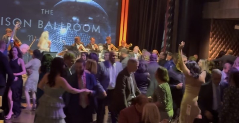 Edison Ballroom packed dance floor with the Timatha Kasten Swing Orchestra on stage.
