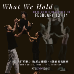 Eight dancers in motion on a light background, including contemporary performers and artists from the early 1980s NYC dance scene, two of whom are choreographers for the production, with text reading “WHAT WE HOLD,” February 13–14, 2026, presented by Peter Stathas Dance.