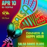 Maracas and colorful designs announcing Salsa Groove. 