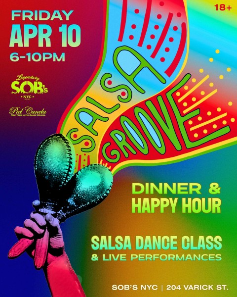 Maracas and colorful designs announcing Salsa Groove. 