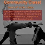 Flyer with class information (stated above) picture of a dancer reaching towards the sky with leg in arabesque 