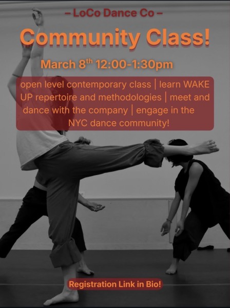 Flyer with class information (stated above) picture of a dancer reaching towards the sky with leg in arabesque 