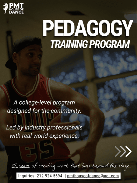 A PMT House of Dance promotional graphic featuring the dance teacher, advertising the Pedagogy Training Program.