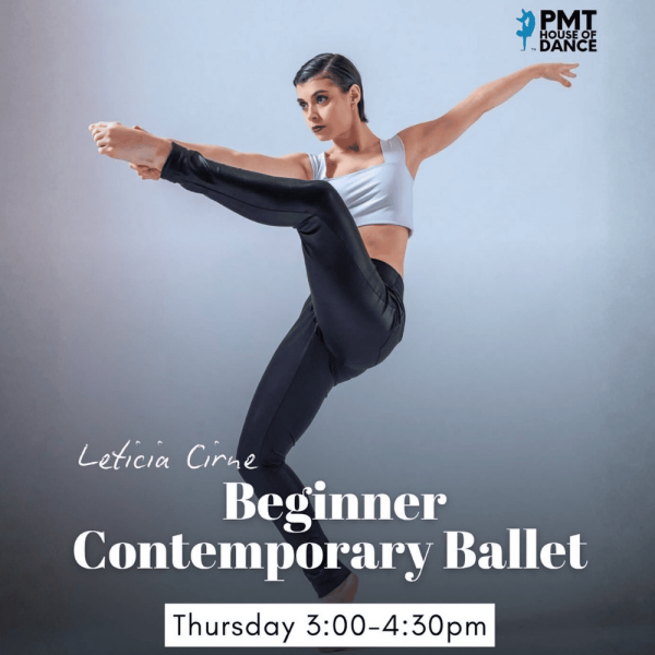 Leticia is in a dance pose in the center, title of her class is there with time (3pm, Thursdays)