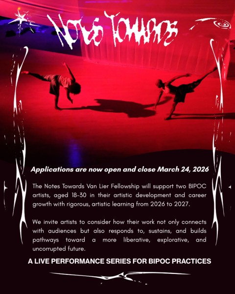 Two dancers are pointing their heads towards the floor at the Judson Church and there are details for the fellowship