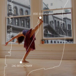 Dancer in a bright studio with NYC skyline visible through windows; overlaid graphics connect Gibney spaces: 280 + 890 Broadway.