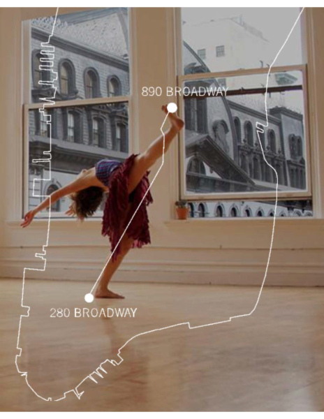 Dancer in a bright studio with NYC skyline visible through windows; overlaid graphics connect Gibney spaces: 280 + 890 Broadway.