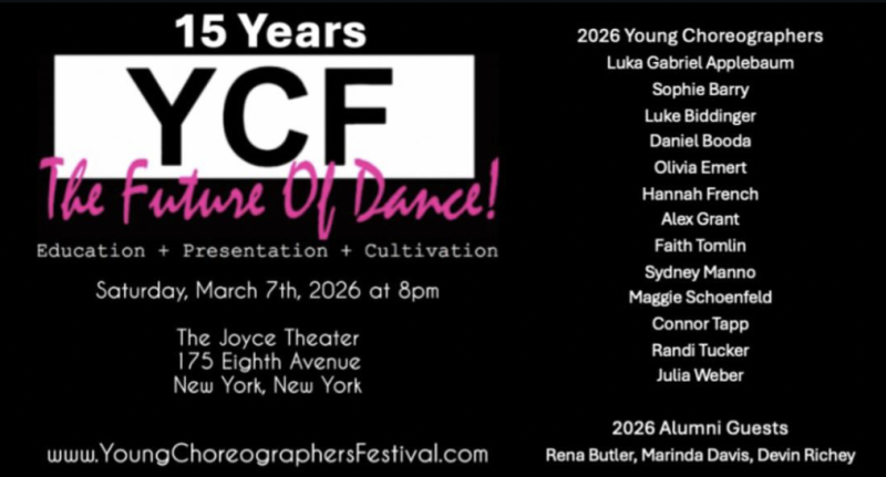 Poster for YCF&rsquo;s 15th anniversary performance at The Joyce Theater on March 7, 2026.
