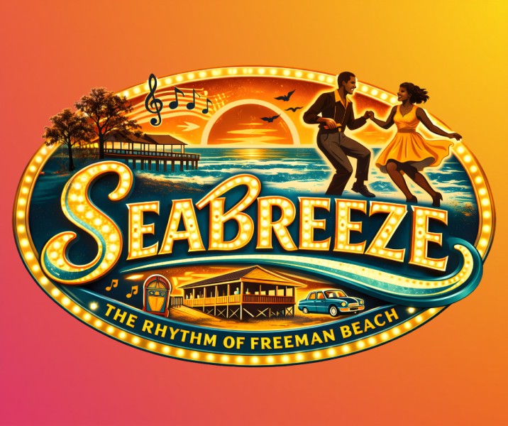 A vintage-style marquee logo for Seabreeze: The Rhythm of Freeman Beach. It features a glowing sign with the title &ldquo;SEABREEZE&rdquo;, 