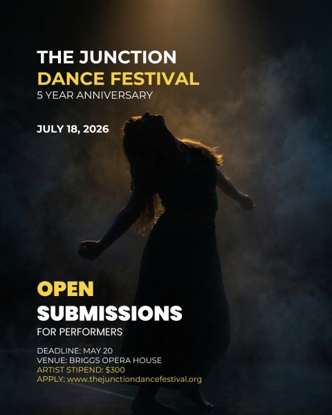 An image announcing the festival with a dancer on stage