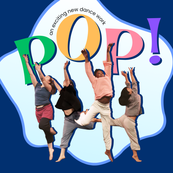 Four dancers jump up against a blue background with a light blue circle around them. It read pop behind them
