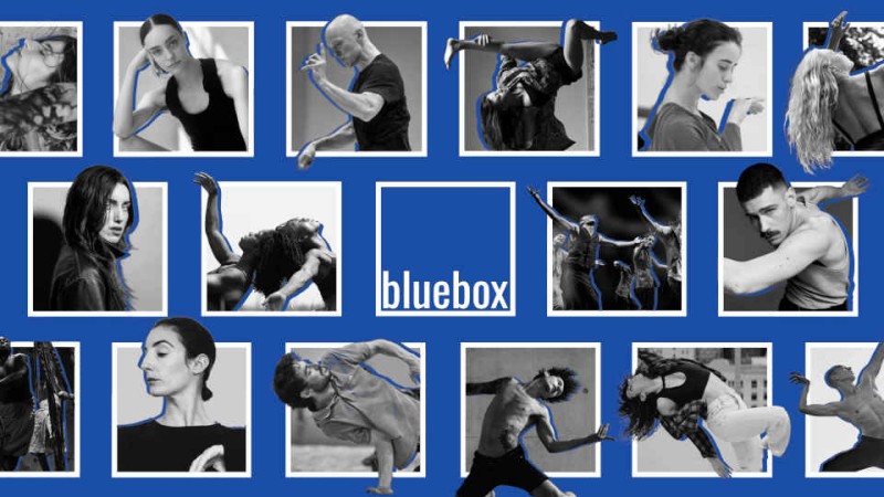 Collage-style poster on a bold blue background featuring multiple black-and-white portraits of contemporary dancers in expressiv