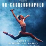 A dancer leaps in the air with both of her legs bent and her right arm over her head.