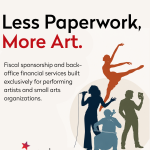 Graphic with cream background. Bold black headline reads "Less Paperwork," followed by "More Art." in red. Below, black text rea