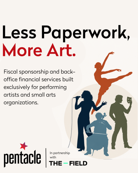 Graphic with cream background. Bold black headline reads "Less Paperwork," followed by "More Art." in red. Below, black text rea