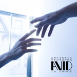Two hands reaching for each other but don't touch. Bright white background with what appears to be a shape of a widow.