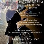 Flyer for Muddy Brook Cinematic Intensive, a NYC dance and film workshop - ages 14-18, & a dancer in a rainy scene next to cab.