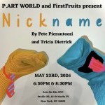 Two smiling sock puppets advertising "Nickname", a one-act dance show presented by Pete Pierantozzi and Tricia Dietrick