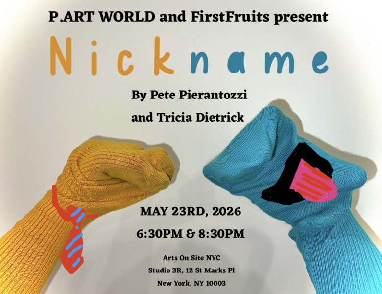 Two smiling sock puppets advertising "Nickname", a one-act dance show presented by Pete Pierantozzi and Tricia Dietrick