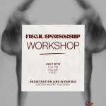 Promotional poster for Emerging Artist Resources' Free Fiscal Sponsorship Workshop with blurred background image of a dancer