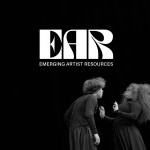 A minimal black-and-white promotional image featuring two people positioned in the lower corner of the frame.