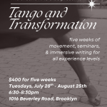 Promotional flyer for Tango and Transformation. Background is a muted, sepia-toned photo showing lower half of dancer in motion
