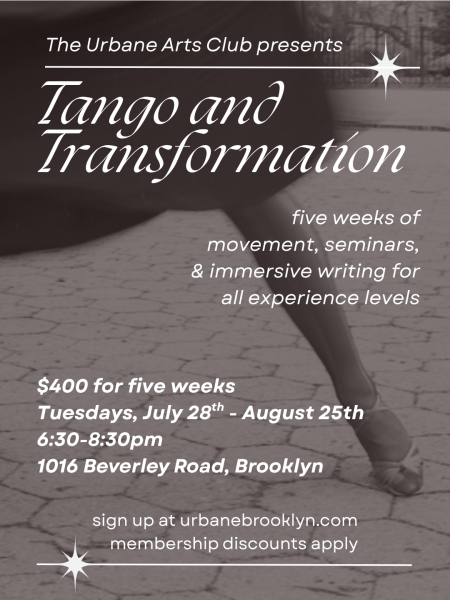 Promotional flyer for Tango and Transformation. Background is a muted, sepia-toned photo showing lower half of dancer in motion