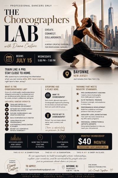 Weekly pro choreography lab. Wednesdays 5&ndash;7 PM &bull; Bayonne &bull; $40/month. ?
