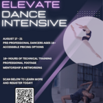 Information flyer about Elevate Summer Dance Intensive, two dancers on right side of flyer. 