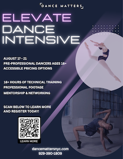 Information flyer about Elevate Summer Dance Intensive, two dancers on right side of flyer. 