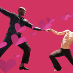 Two dancers holding hands with a pink background