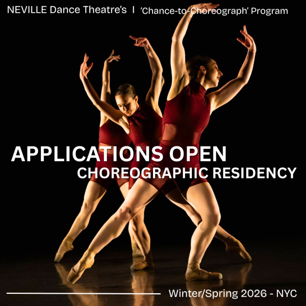 3 dancers onstage in a dynamic pose with words overlayed of a choreographic opportunity