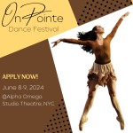 Female ballerina stands on pointe in action pose surrounding by text describing a dance festival opportunity