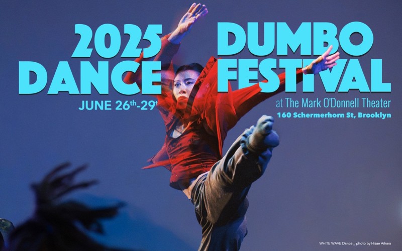 Dancer in red shirt surrounded by text "2025 DUMBO Dance Festival"