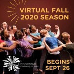 Dancers Arched back, looking upward at text "Virtual Fall 2020 Season"