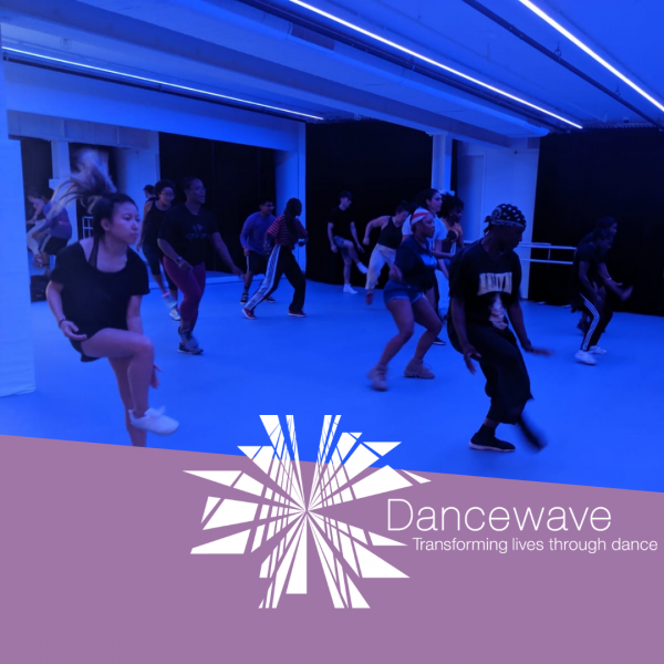 People dancing in an blue-lit studio with the Dancewave logo superimposed