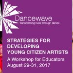 purple background with white print, Dancewave logo