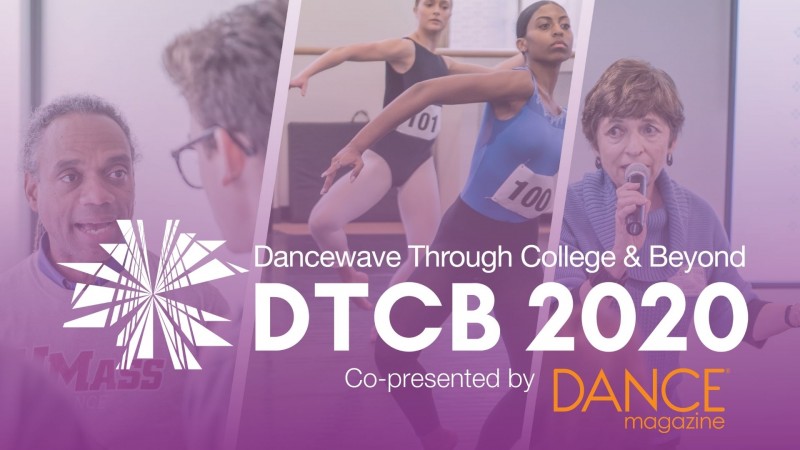 Text: "Dancewave Through College and Beyond" with three pictures behind, including a couple speakers and two dancers auditioning