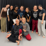 7 Dancewave Company Students posing with Lily Gelfand and David Dorfman