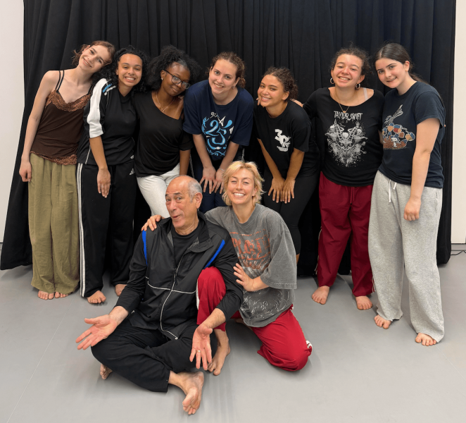 7 Dancewave Company Students posing with Lily Gelfand and David Dorfman