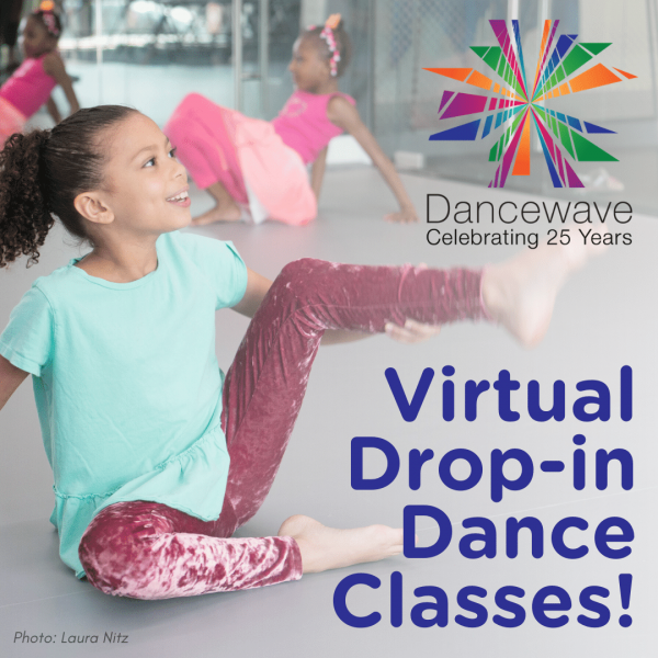 Young kid dancing with text "Virtual Drop-in Dance Classes!"