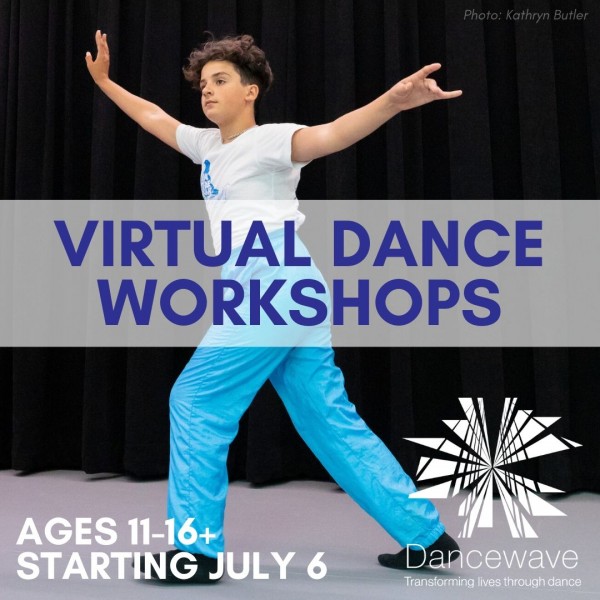 Dancer overlaid with text: "Virtual Dance Workshops"