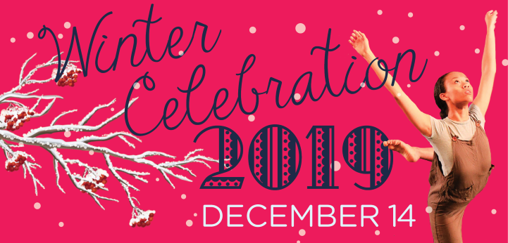 A red backdrop with a tree branch jutting out covered in snow. The text on the image announces"Winter Celebration 2019"