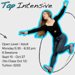 Dancer wearing tap shoes extends her arms.