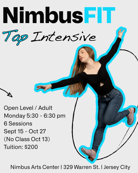 Dancer wearing tap shoes extends her arms.