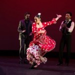 A female flamenco dancer in a red dress with her left arm extended in the air. She is surrounded by other flamenco dancers.