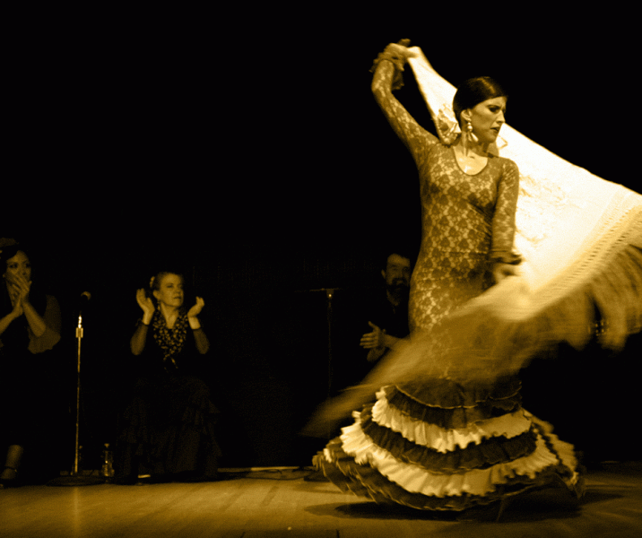 Black and white picture of a woman dancing flamenco. 