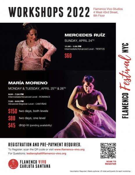 Two Flamenco Dancers with white and red text on black background