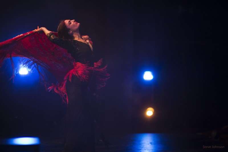A female flamenco dancer with her head tilted back, flinging a maroon shawl