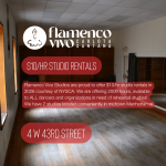 A photo of a peaceful dance studio with streams of natural light pouring in. There is text on top describing the booking process